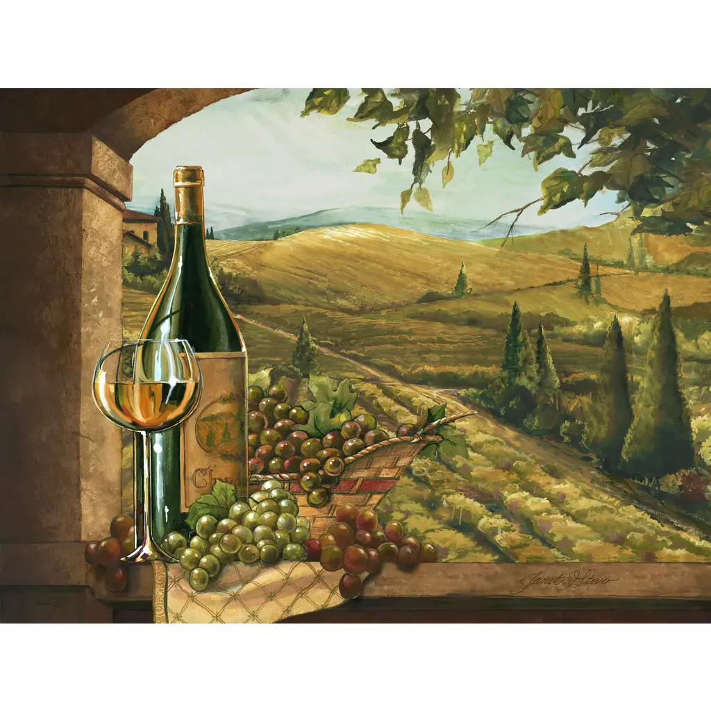 エレガントな額絵　「ウィンドウディスプレイ（窓とカーテン）」 Tile art with Tuscan scenes-Vineyard Window II-Tile Mural