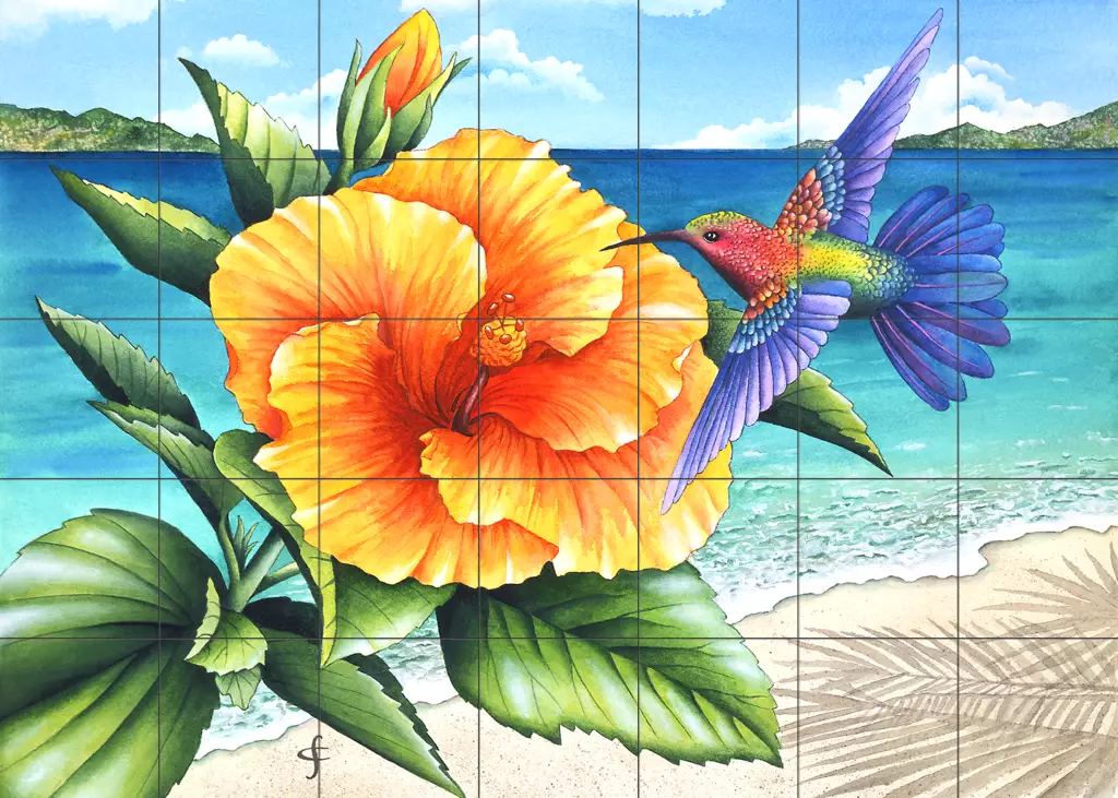 Orchid & Hummingbird Tile Mural – Marble Ceramic Backsplash For Kitchen, Bath, Or Living Room