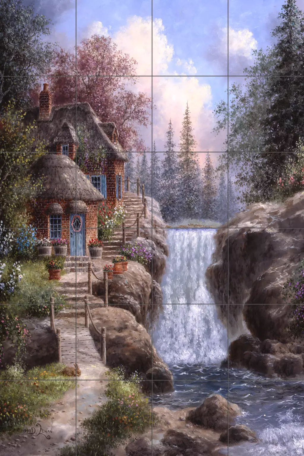 Woodland scene art on tile-Tranquil Falls-Tile Mural