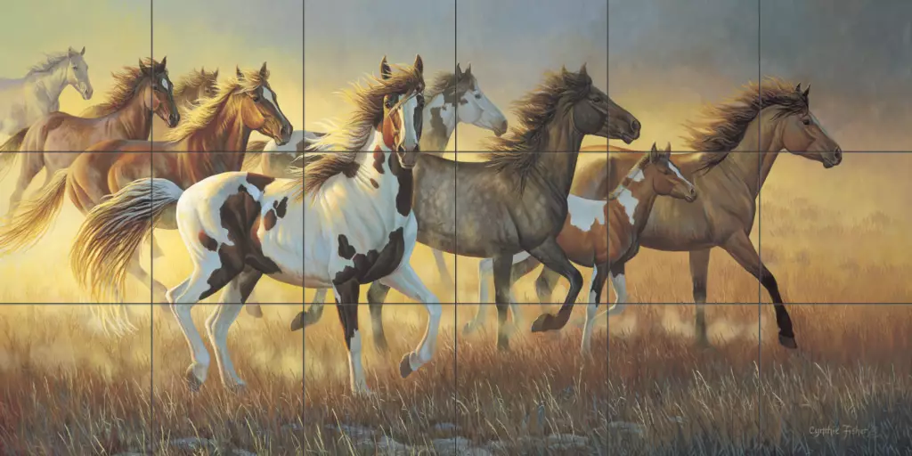 クリスタル　Running Horse Decorative tile with horses-Wildfire-Tile Mural