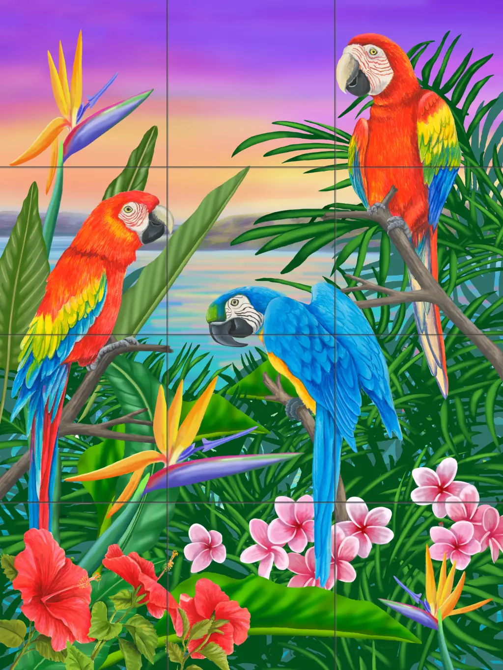 Tiles with tropical birds-Parrot Trio-Tile Mural