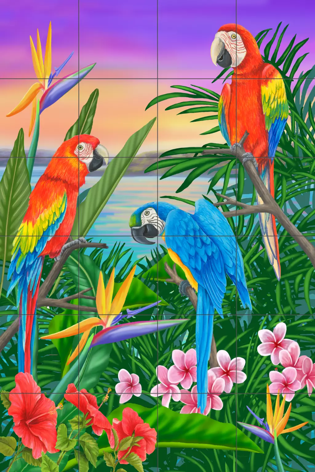 Tiles with tropical birds-Parrot Trio-Tile Mural