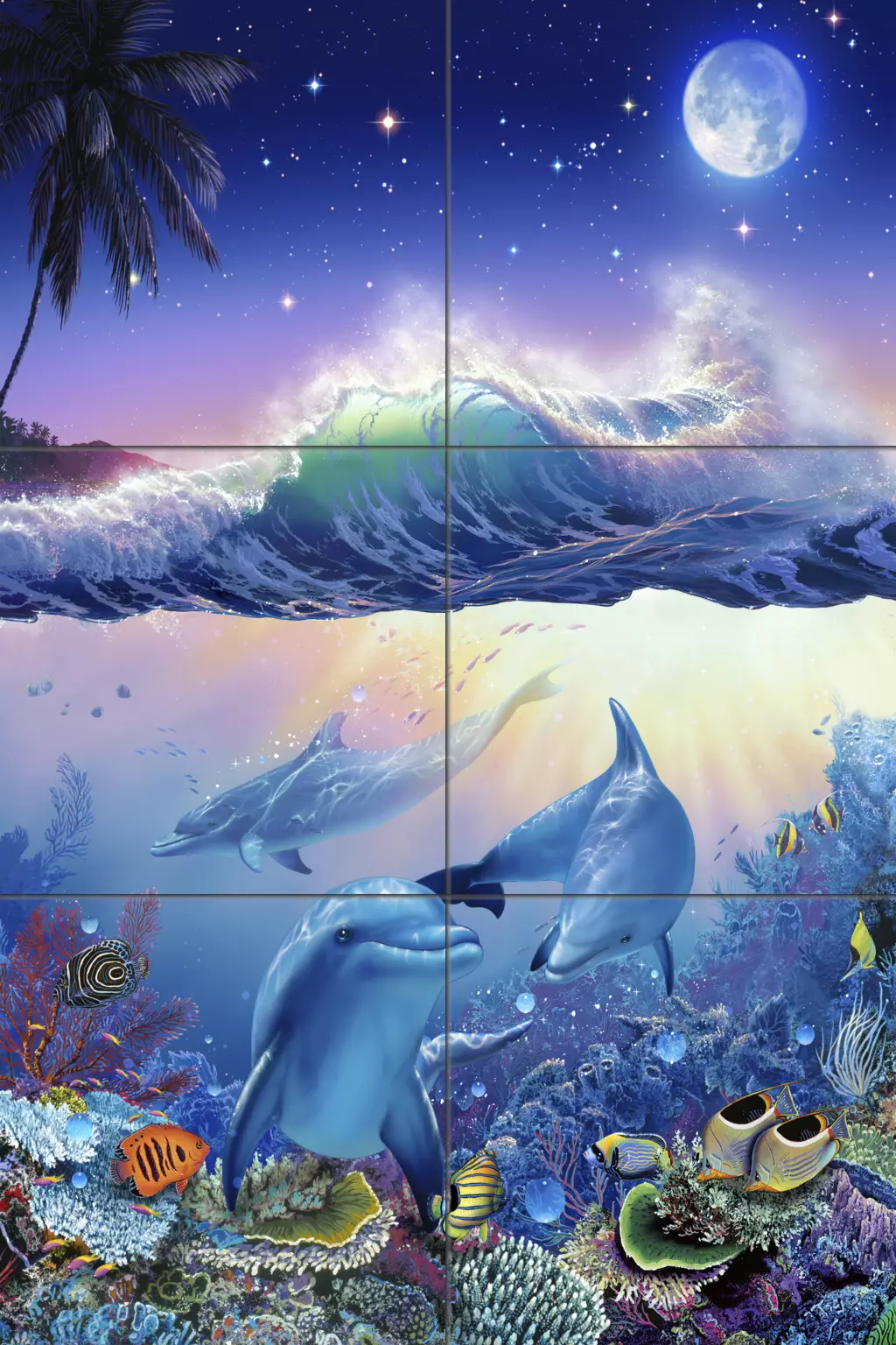 Dolphin and Whale art-Blue World (The Moon)-Tile Mural