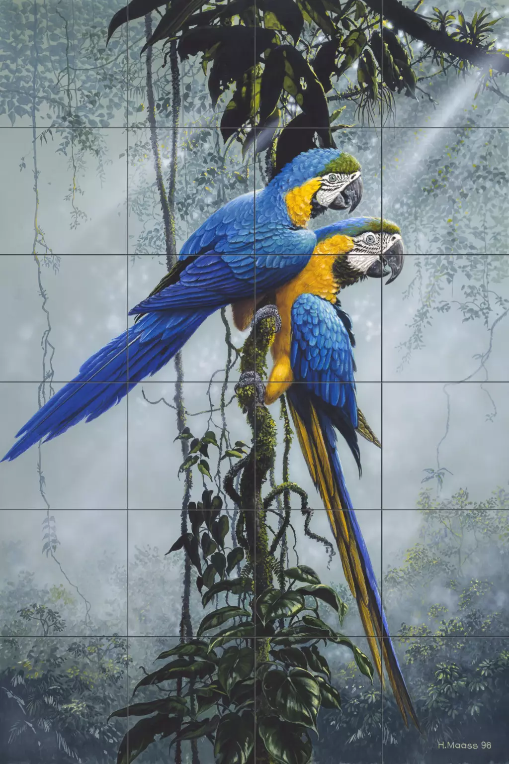 Tiles with tropical birds-Blue and Yellow Macaws 2-Tile Mural