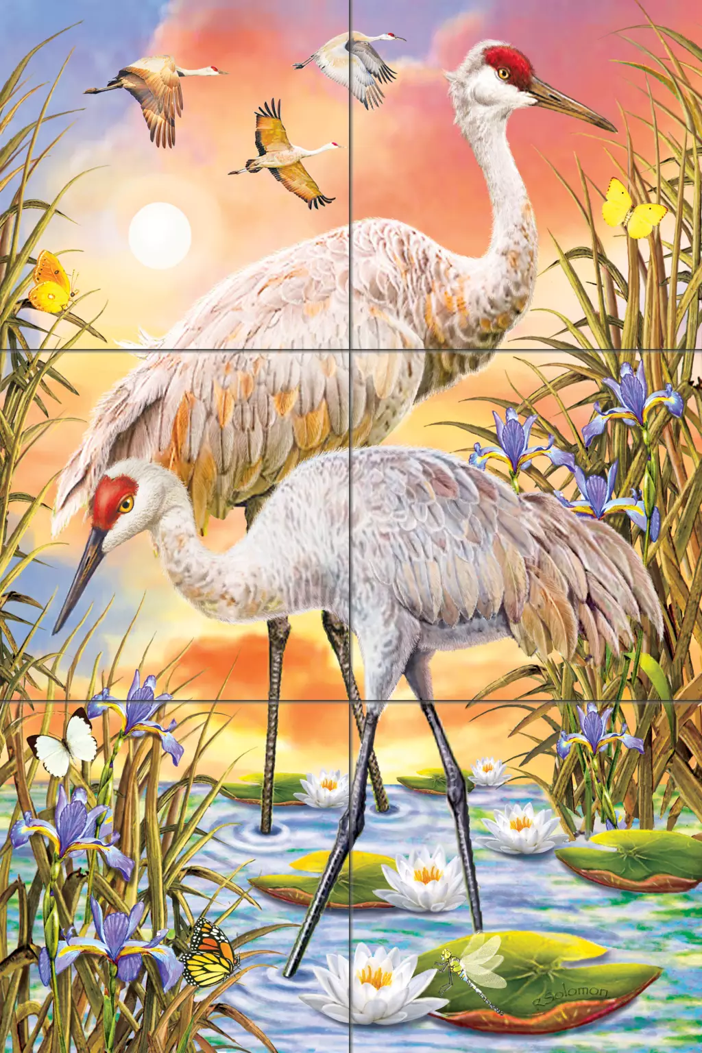 Decorative tile with waterfowl-Sandhill Cranes-Tile Mural