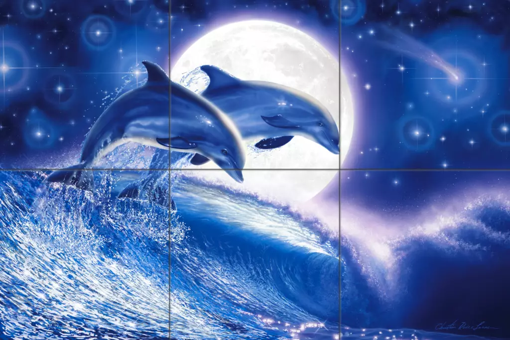 Dolphin and Whale art-Freedom in Moonlight-Tile Mural