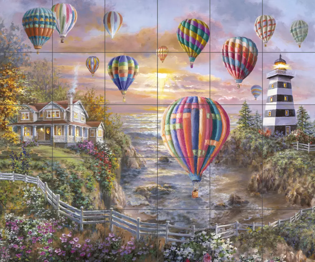 Tile art with lighthouses-Balloons Over Cottage Cove-Tile Mural