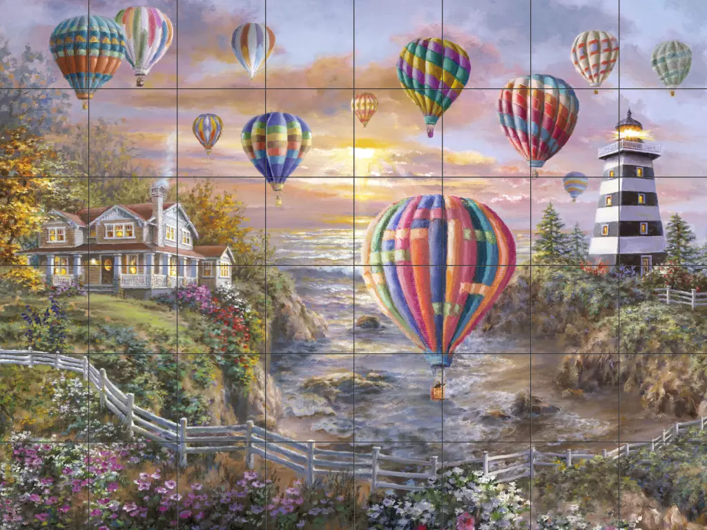 Tile art with lighthouses-Balloons Over Cottage Cove-Tile Mural