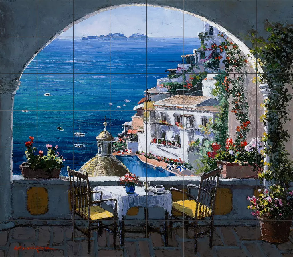 BLOB CORNICI 壁掛け 壁画 「海ブルー」イタリア製 Decorative tile with waterviews-Amalfi Window-Tile Mural