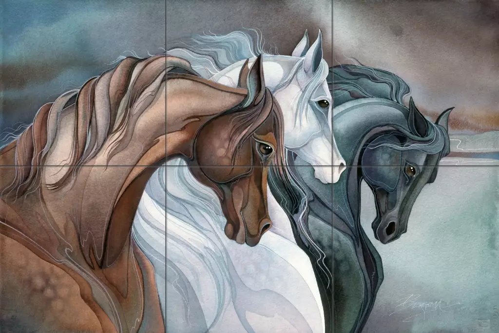 Decorative tile with horses - Sisters of the Wind Horses - Tile Mural