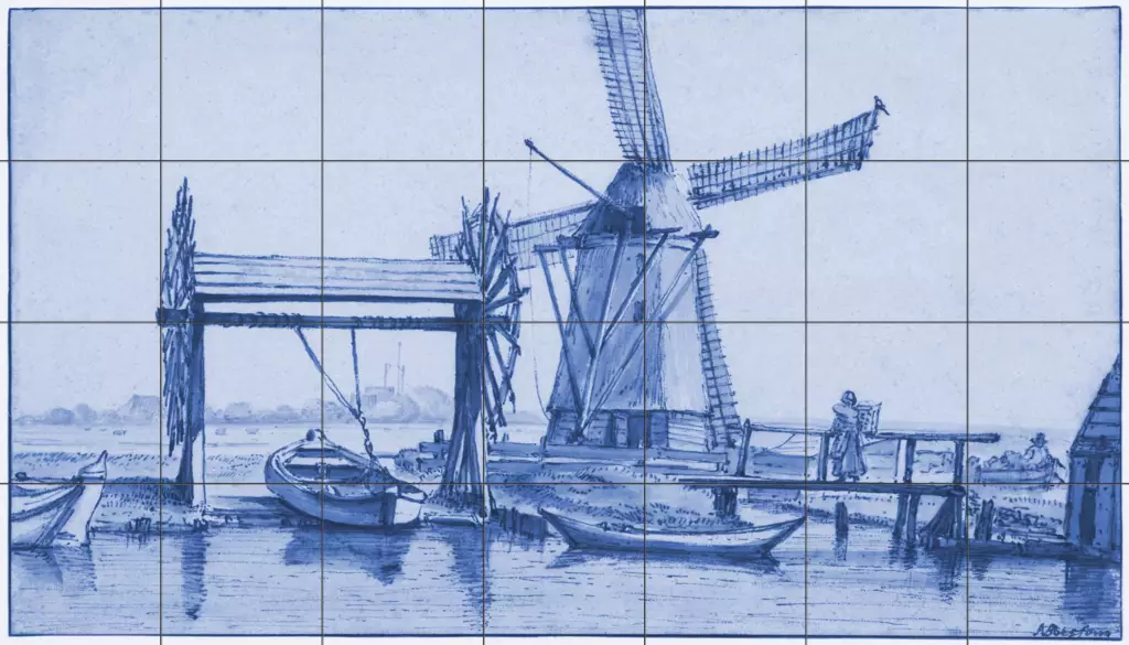 Delft Tile Mural - Windmill And Fishing Boats Outside Amsterdam