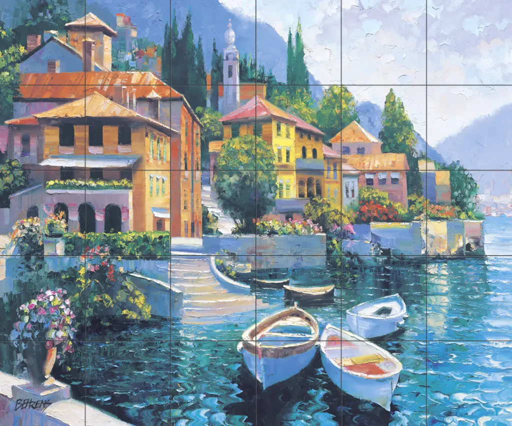 Decorative tile with waterviews-Lake Como Landing-Tile Mural