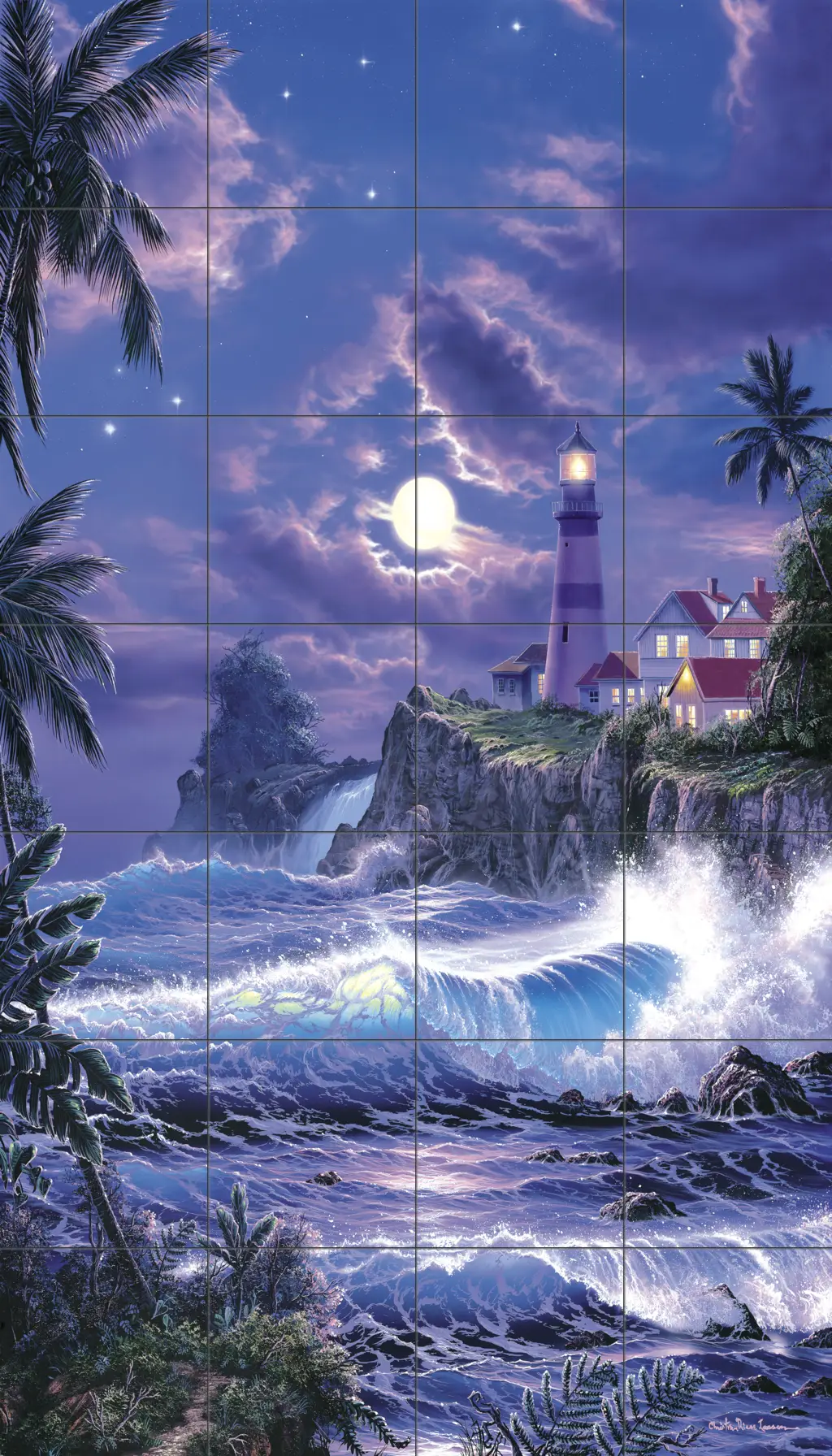 Tile art with lighthouses-Moonlit Serenity-Tile Mural