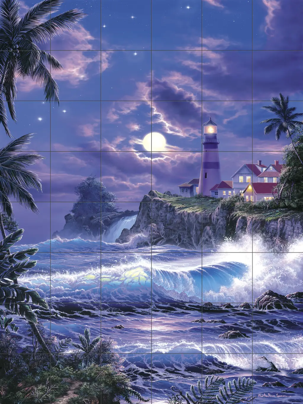 Tile art with lighthouses-Moonlit Serenity-Tile Mural
