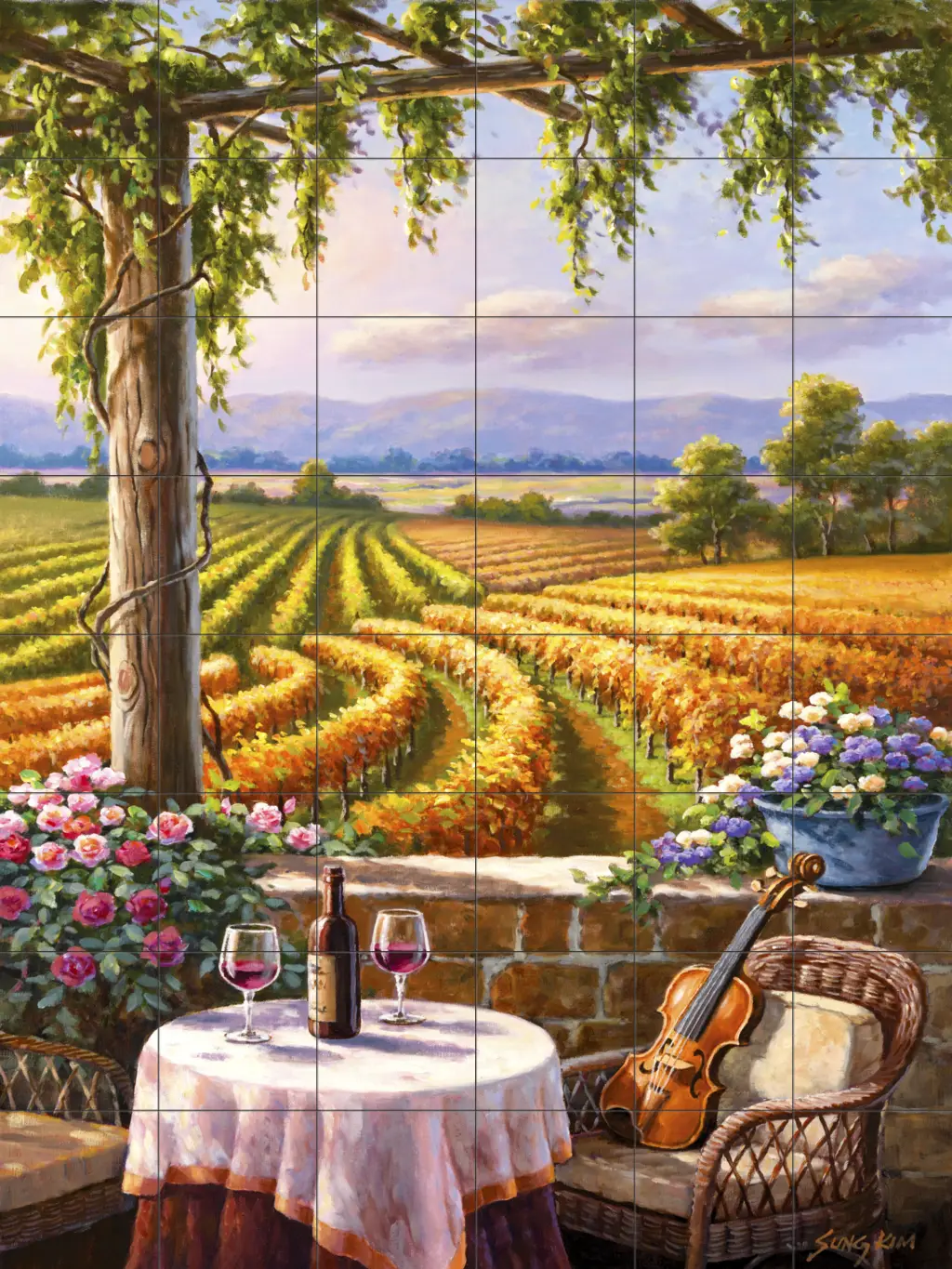 Tile art with Tuscan scenes-Vineyard & Violin-Tile Mural