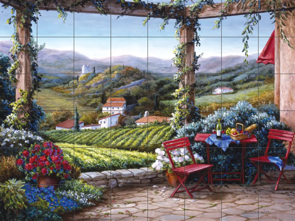 Tile art with Tuscan scenes-Red Chairs on the Terrace-Tile Mural