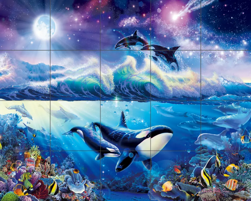 Dolphin and Whale art-Beat of the Sea-Tile Mural