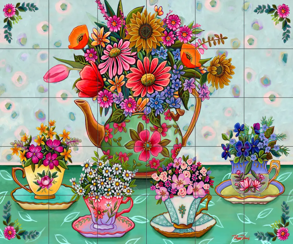 横井 巴、「TEA CUP AND FLOWER」カラーメゾチント画集 Flowers on tile-Garden Tea Party-Tile Mural
